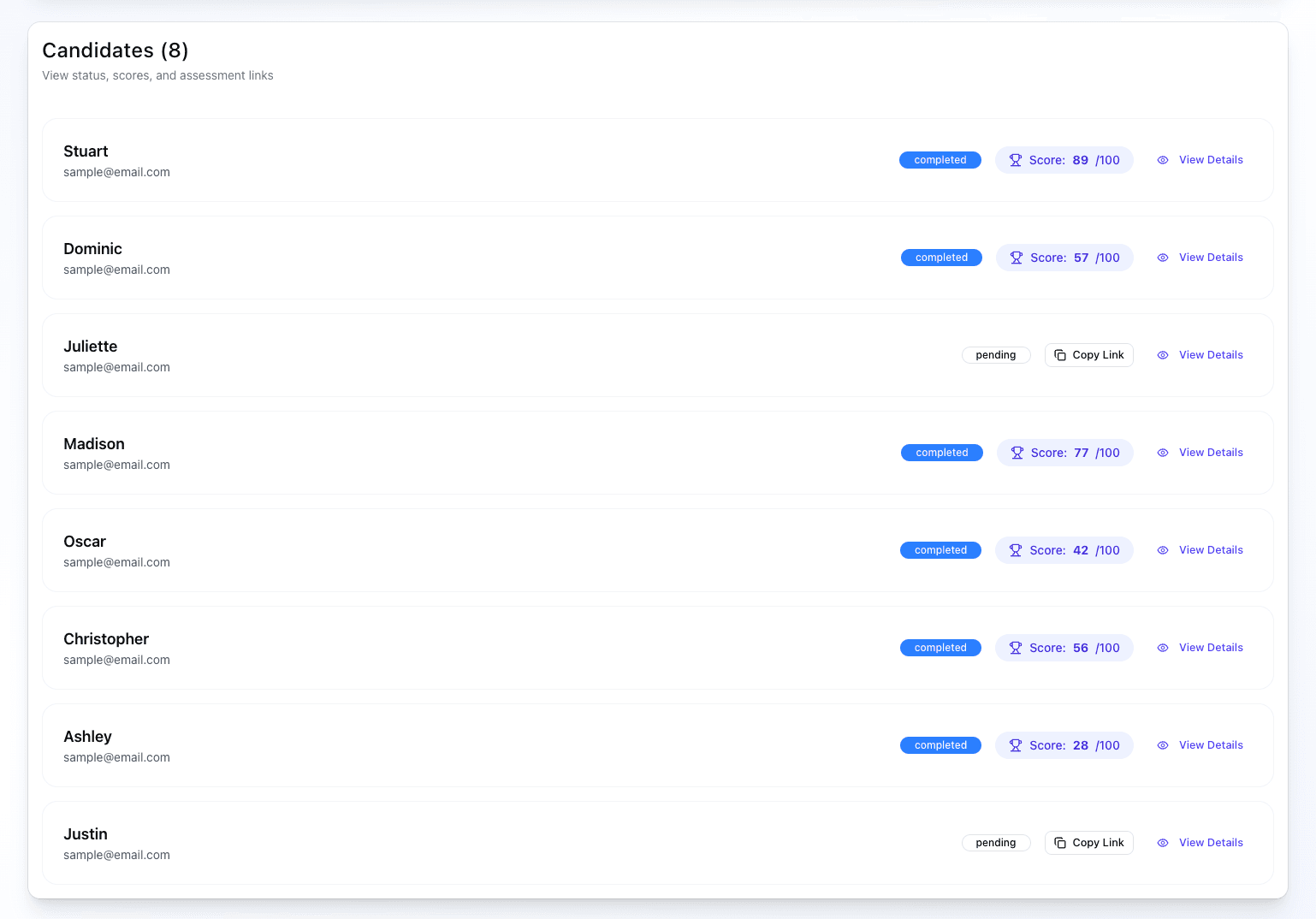 Candidate list dashboard preview
